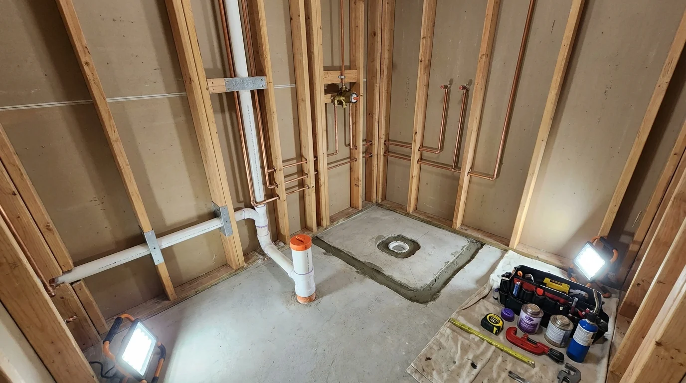 Bathroom rough-in plumbing during remodel by Johns Plumbing LLC in Yreka