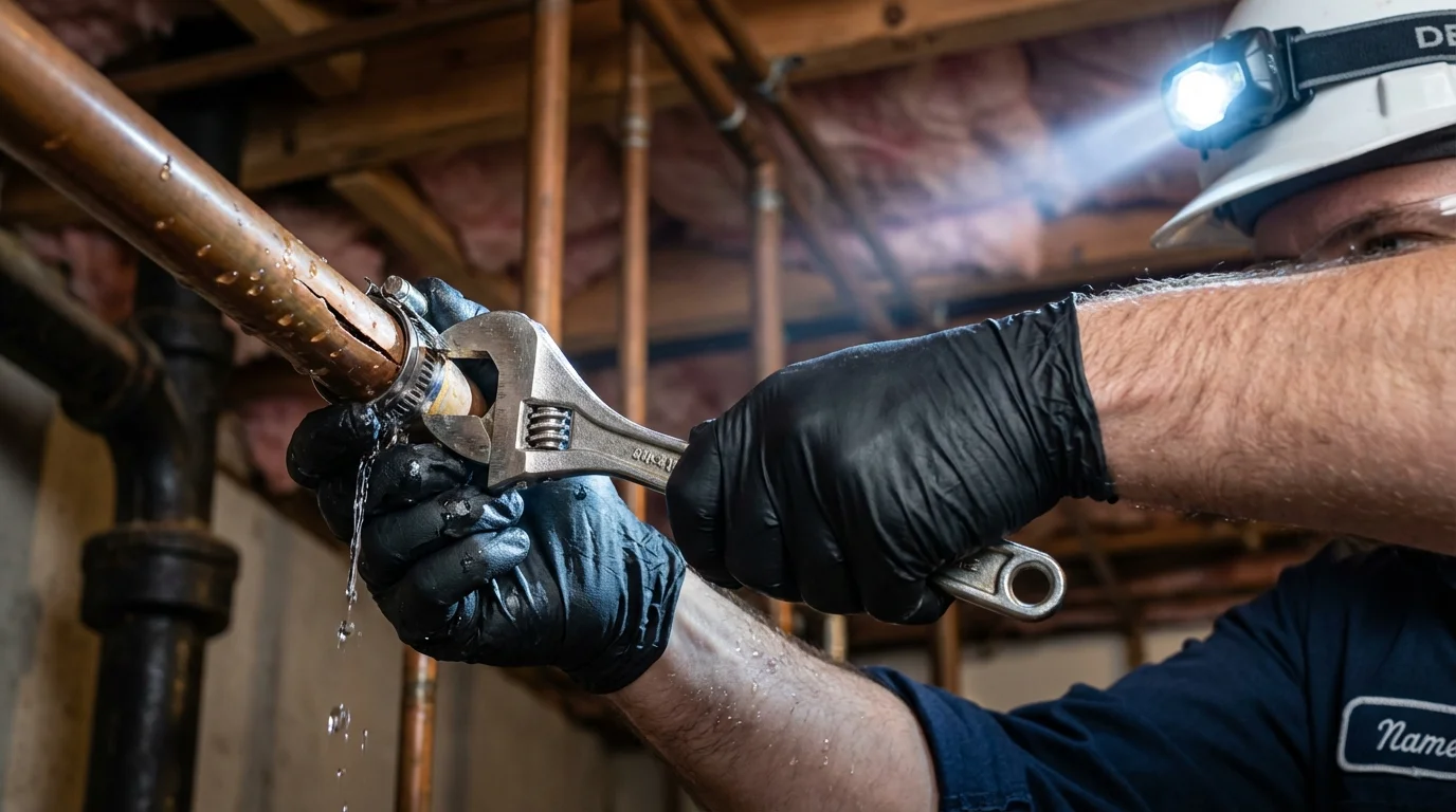 Emergency pipe clamp repair being performed by a Johns Plumbing LLC plumber in Yreka