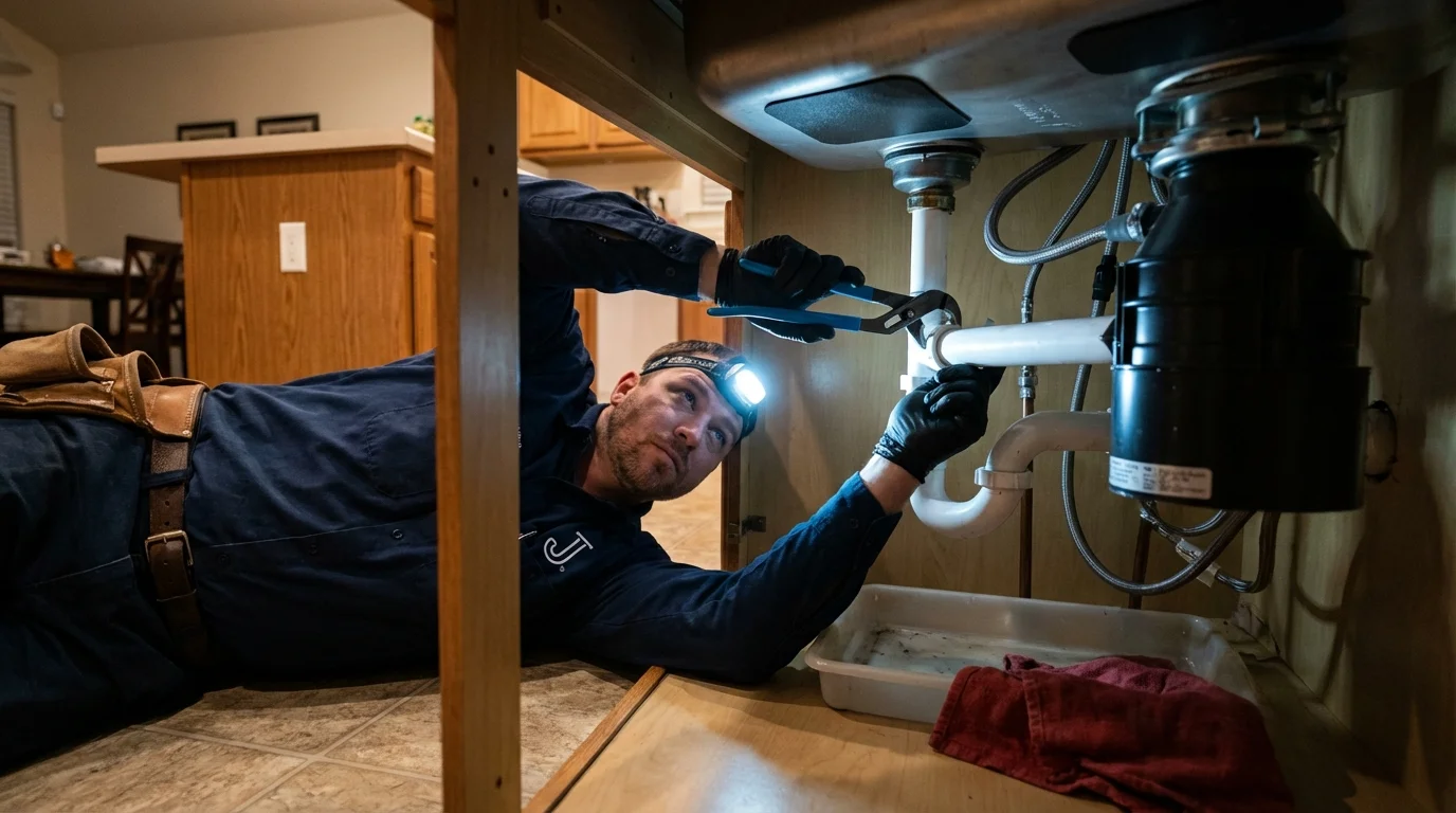 P-trap and supply line connections under a kitchen sink showing a common leak point in Yreka, CA